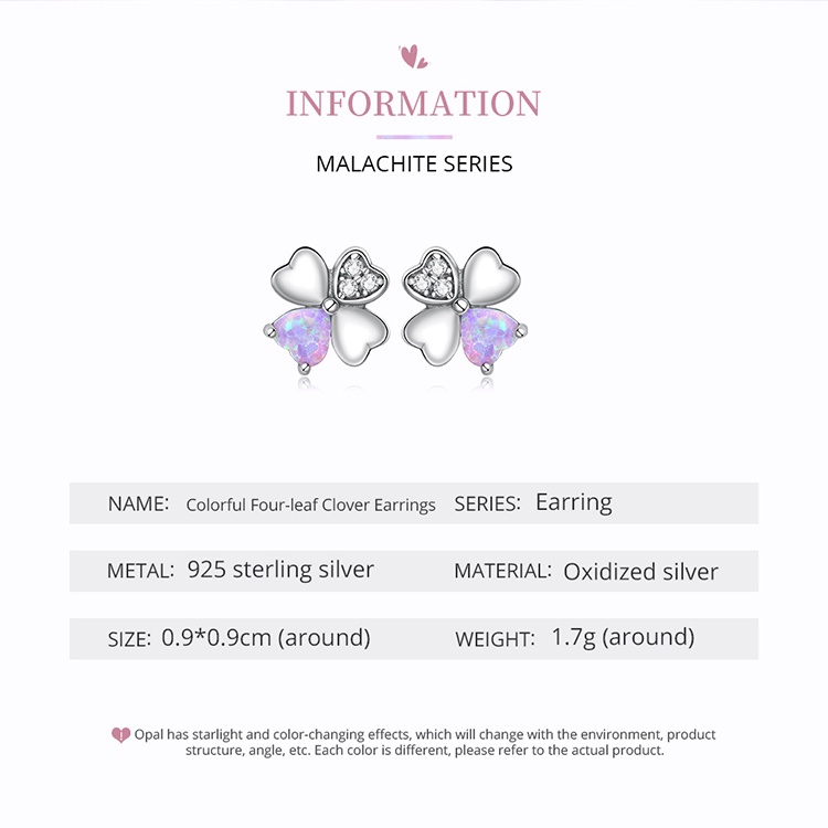 Bông tai Bamoer xi bạc 925 mặt hình cỏ bốn lá nhiều màu sắc