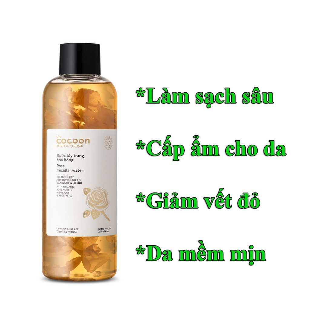 Nước tẩy trang hoa hồng Cocoon 500ml giúp làm sạch sâu lớp trang điểm, bụi bẩn, bã nhờn trên da, cấp ẩm. và làm dịu da