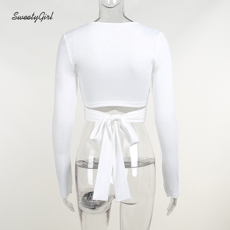 Áo Croptop Tay Dài Cổ Chữ V Màu Sắc Trơn Thiết Kế Khoét Sâu Quyến Rũ