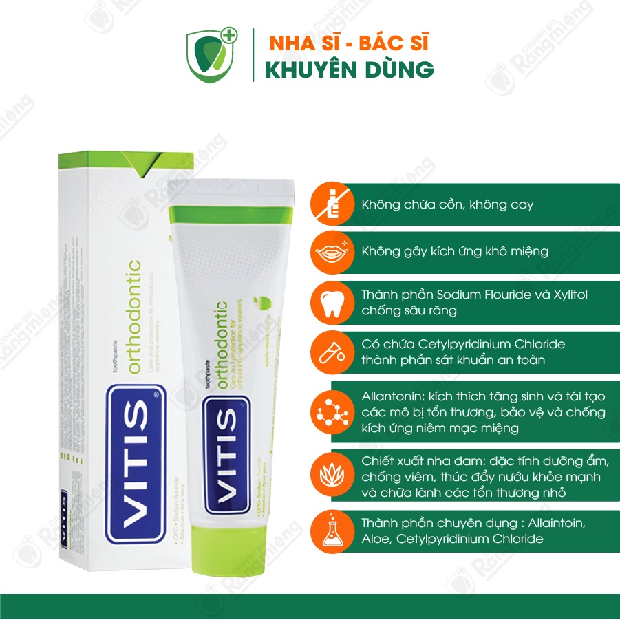 Kem đánh răng cho Răng niềng Vitis Orthodontic, Sạch mảng bám mắc cài, Bổ sung Fluoride Ngừa sâu răng, Tuýp 100ml
