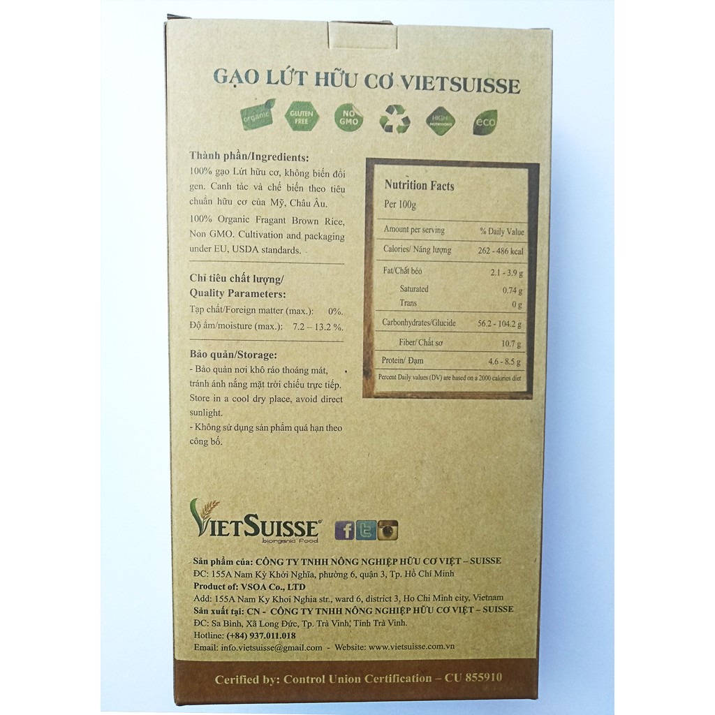 [ORGANIC] Gạo Lứt Hữu Cơ ST25 ( Lứt Nâu) Hộp 1kg - Vietsuisse biorganic food- Gạo lứt giảm cân, ăn kiêng - Cơm ngon mềm