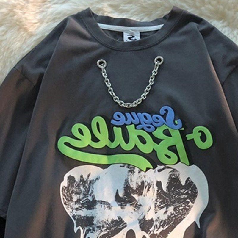 Áo Thun Tay Lỡ Phối Dây Xích Thời Trang Cá Tính 191159Phiên Bản Hàn Quốc In Áo Cổ Tròn Hợp Thời Trang