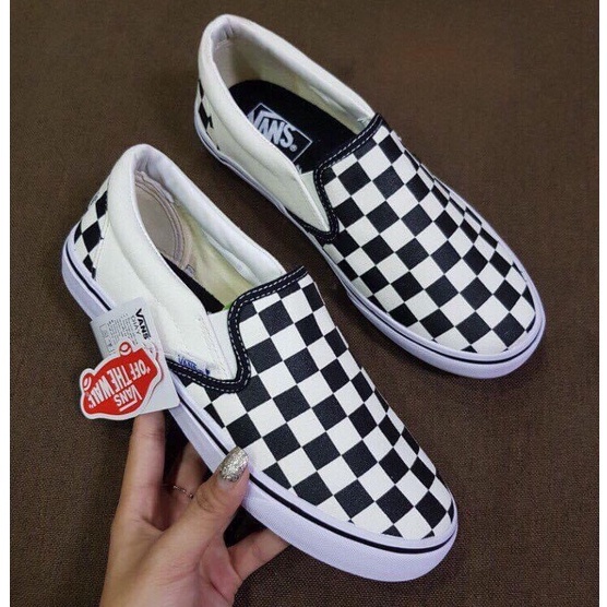 Giày lười nam nữ cao cấp full bill box, giày thể thao Slip On Vans Caro đẹp kẻ sọc đen trắng cá tính, đế êm lót da D18 | BigBuy360 - bigbuy360.vn