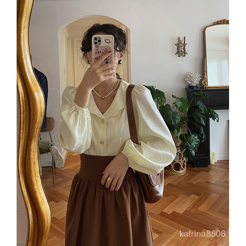 [HC] Set Áo Sơ Mi + Chân Váy Dài Vừa Phong Cách Hoàng Gia Pháp Retro Thời Trang Mùa Thu Mới Cho Nữ