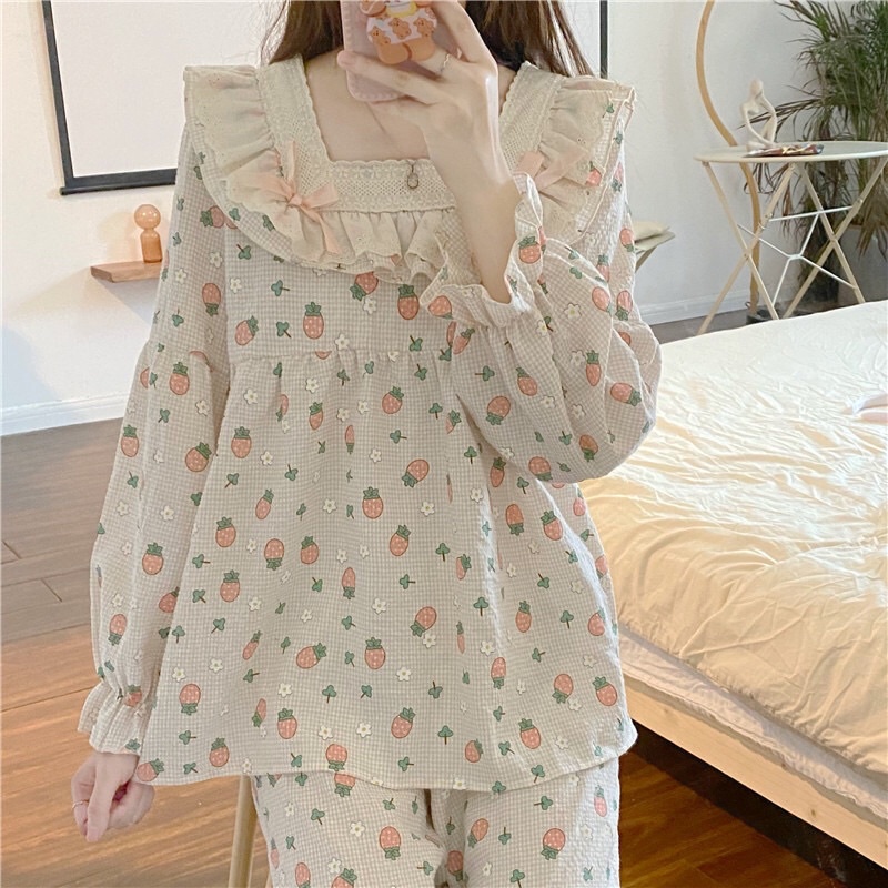 BN22_ Đồ Ngủ, Đồ Bộ Nữ Mặc Nhà Tiểu Thư Dài Tay Phối Bèo Nơ Quảng Châu