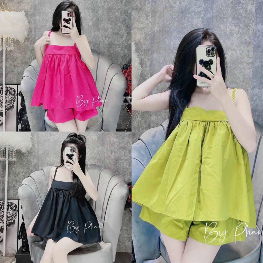 Set 2 dây bí kèm quần , Set áo 2 dây đan babydoll chất thô tàu siêu hot alohashop91