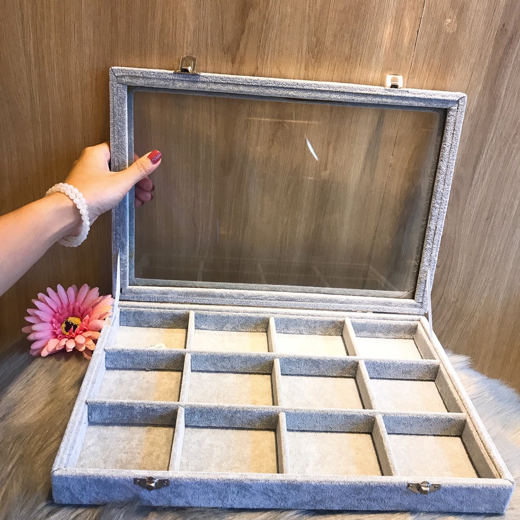 Hộp nhung nắp kính  trưng bày trang sức trưng bày phụ kiện size 35x24x5cm (12 ô)