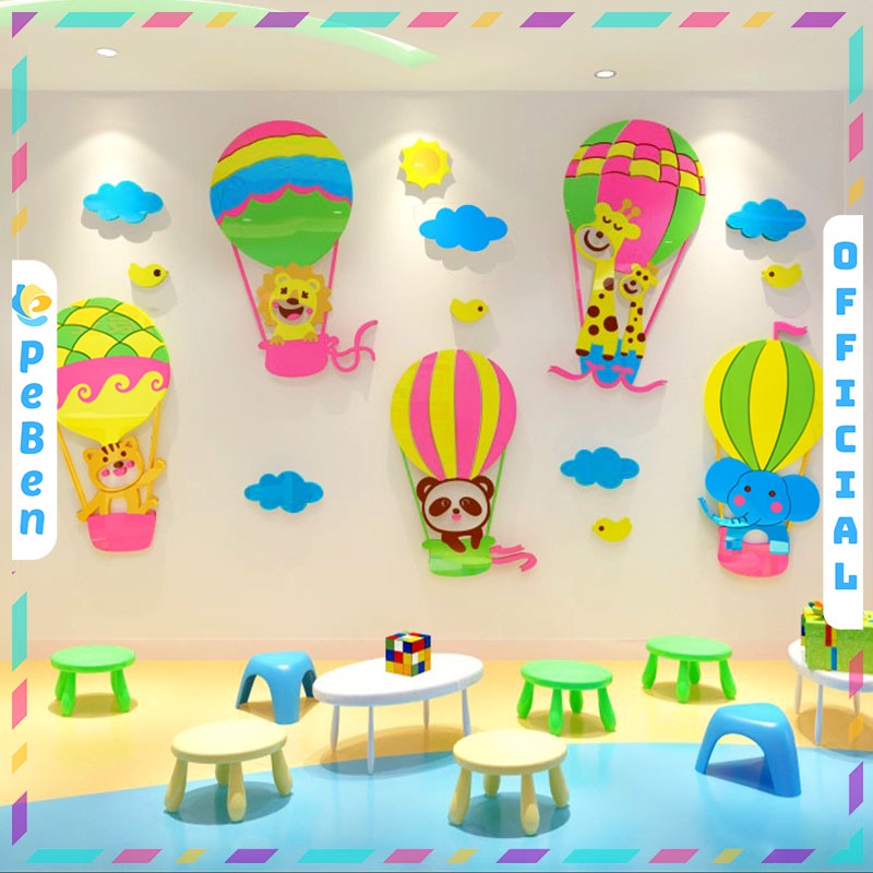 Tranh Mica trang trí tường Khinh khí cầu &amp; Động vật Trang trí trường Mầm non, phòng cho bé Nhiều Size - EPeBen