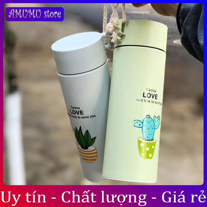 [Vỡ hoàn tiền]Bình nước in hình xương rồng 450ml lõi thủy tinh bọc vỏ nhựa lúa mạch có dây sách (GIAO MẪU NGẪU NHIÊN)