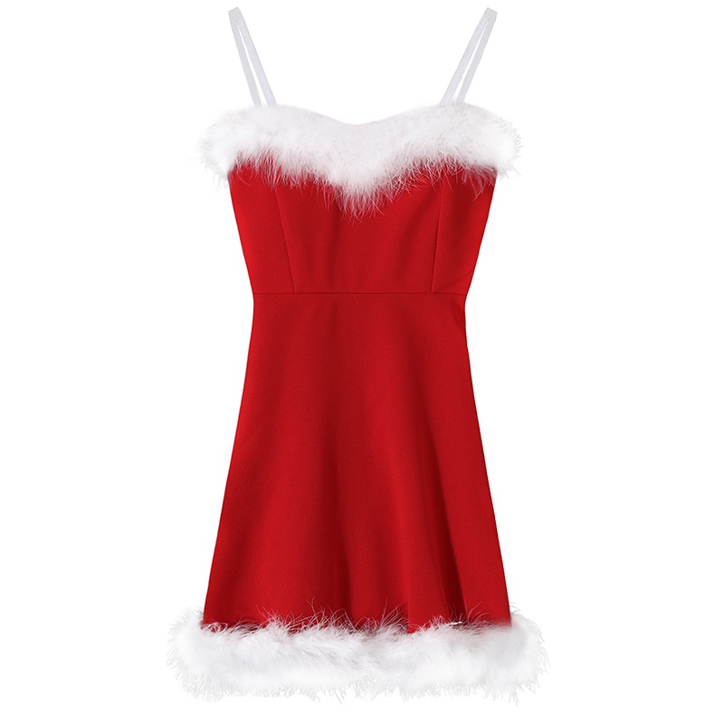 Đầm 2 dây đỏ trong suốt tết giáng sinh noel xuân lông cổ chữ V sexy hở vai lưng váy ngắn xòe eo thon ulzzang