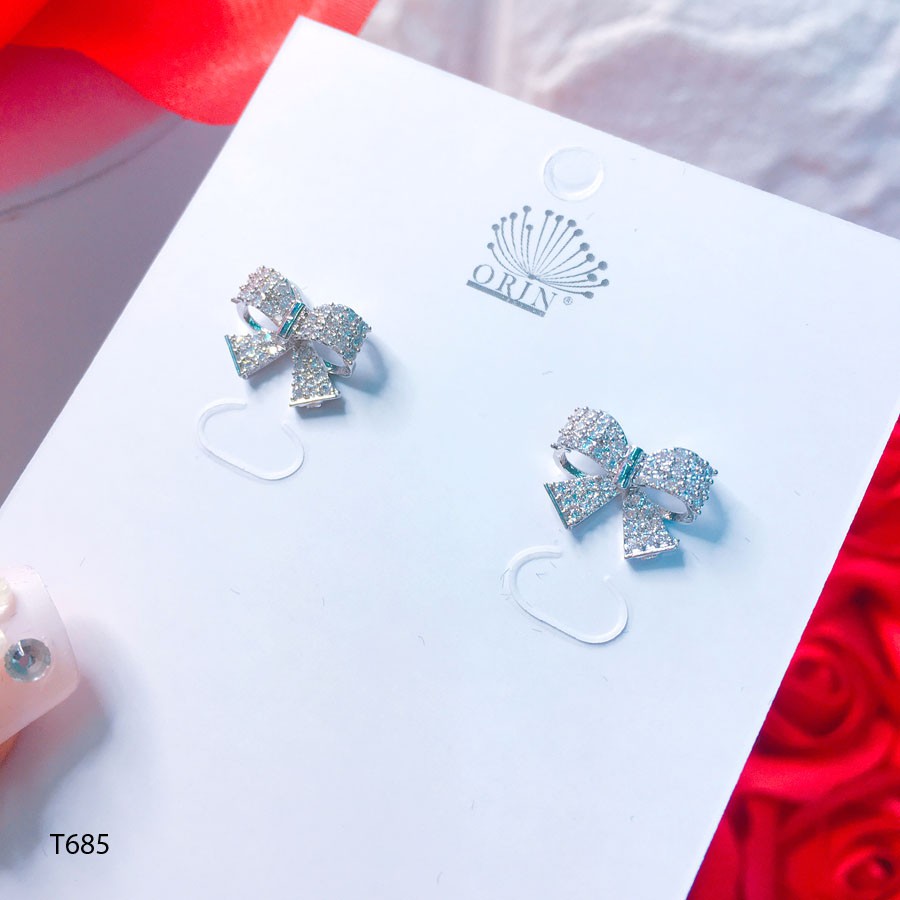 Bông tai bạc nữ, khuyên tai nơ đính đá cao cấp Orin T685