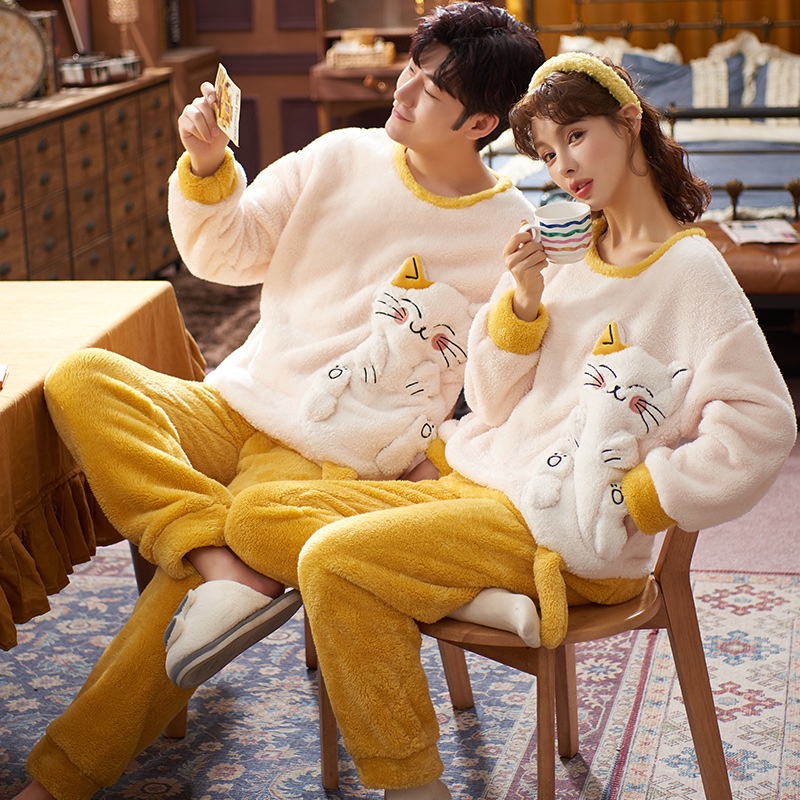 Bộ đồ ngủ vải Flannel lông cừu san hô dày in hoạt hình dễ thương thời trang mùa đông cho cặp đôi | BigBuy360 - bigbuy360.vn