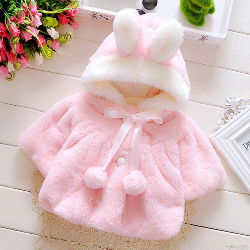 My Baby  Girl Imitation Rabbit Fur Ear Shawl Coat Hooded Cartoon Warm Thick Pink White Jacket