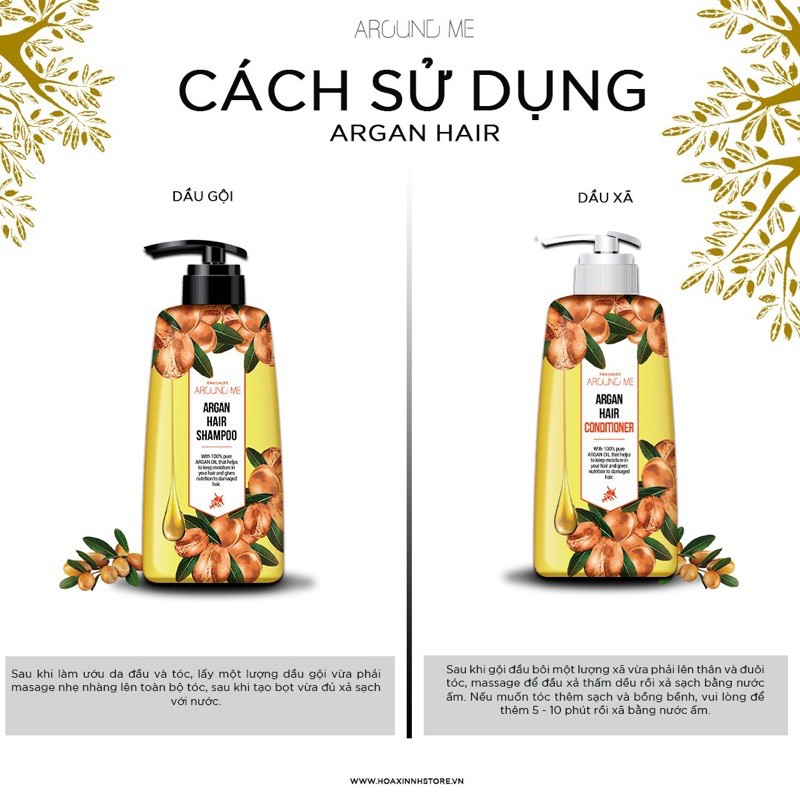 Combo Dầu Gội Và Dầu Xả Phục Hồi Tóc Hư Tổn Around Me Argan Hair Shampoo 500ml/chai