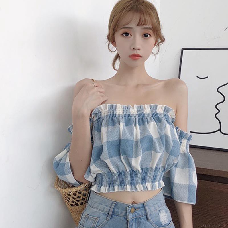 Áo kiểu trễ vai họa tiết sọc ca rô phong cách Hàn Quốc dành cho nữ | BigBuy360 - bigbuy360.vn