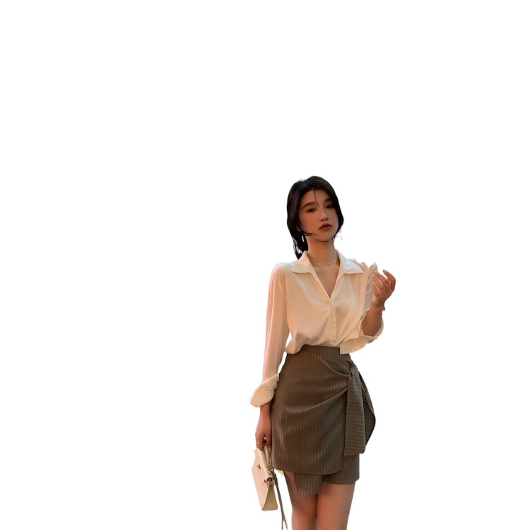Áo sơ mi cổ bẻ chữ V/ Chân váy ngắn PERTY phong cách Hàn Quốc trẻ trung dành cho nữ