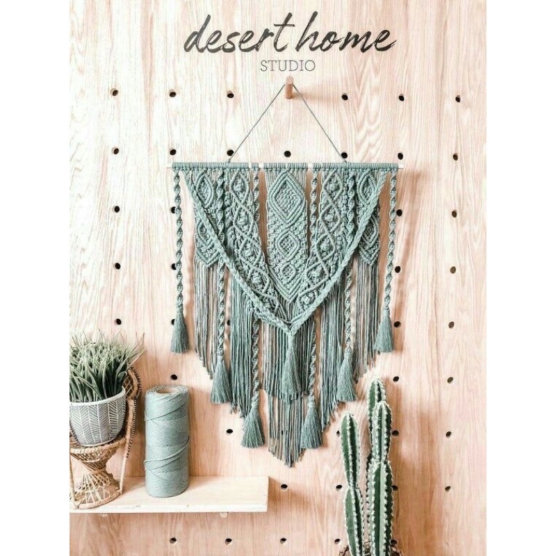 Macrame treo tường trang trí, decor không gian màu xanh xám