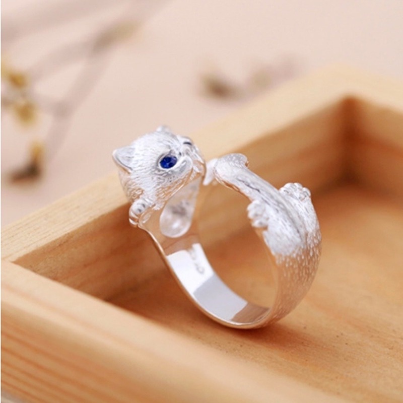 Nhẫn hở hình mèo đính đá xanh dương dễ thương cho nữ