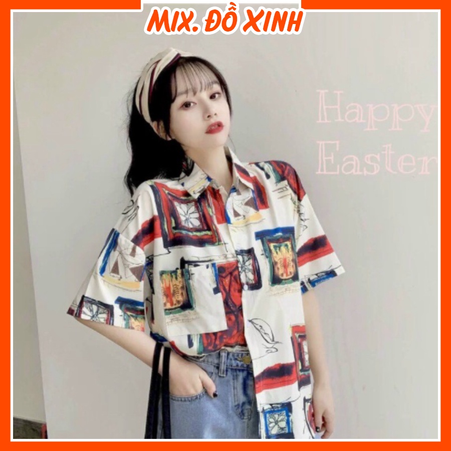 Áo sơ mi nữ form rộng tay lỡ dáng ulzzang, chất liệu Đũi trơn mịn mát, in hình Ô Tranh Mix. Đồ Xinh