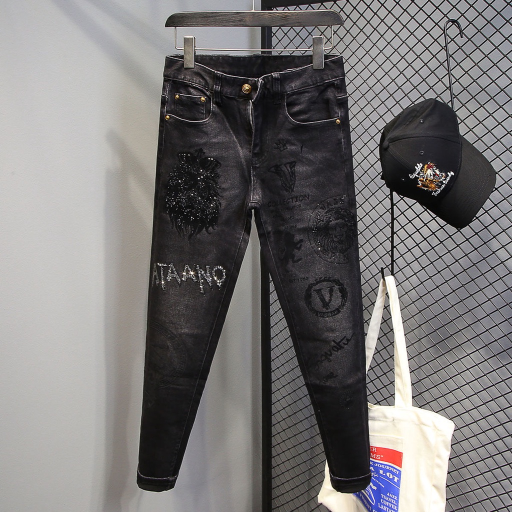 Quần Jeans Nam Co Dãn In Hình Kim Cương Thời Trang