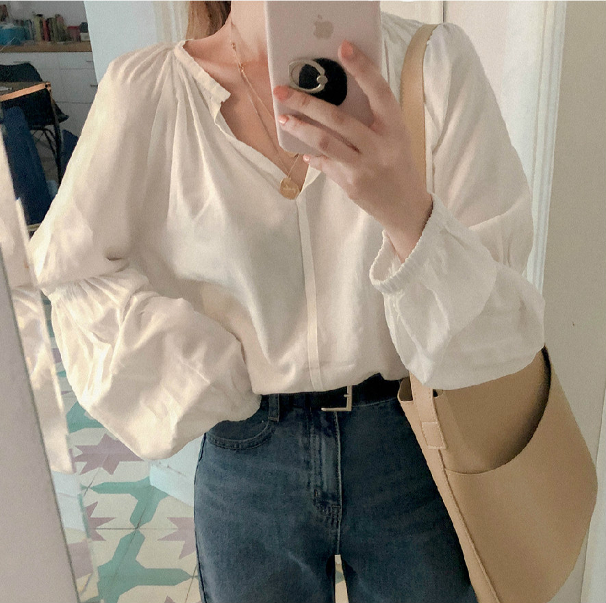 SUXI NEW Áo Kiểu Tay Dài Màu Trơn Thiết Kế Cổ Chữ V Thanh Lịch