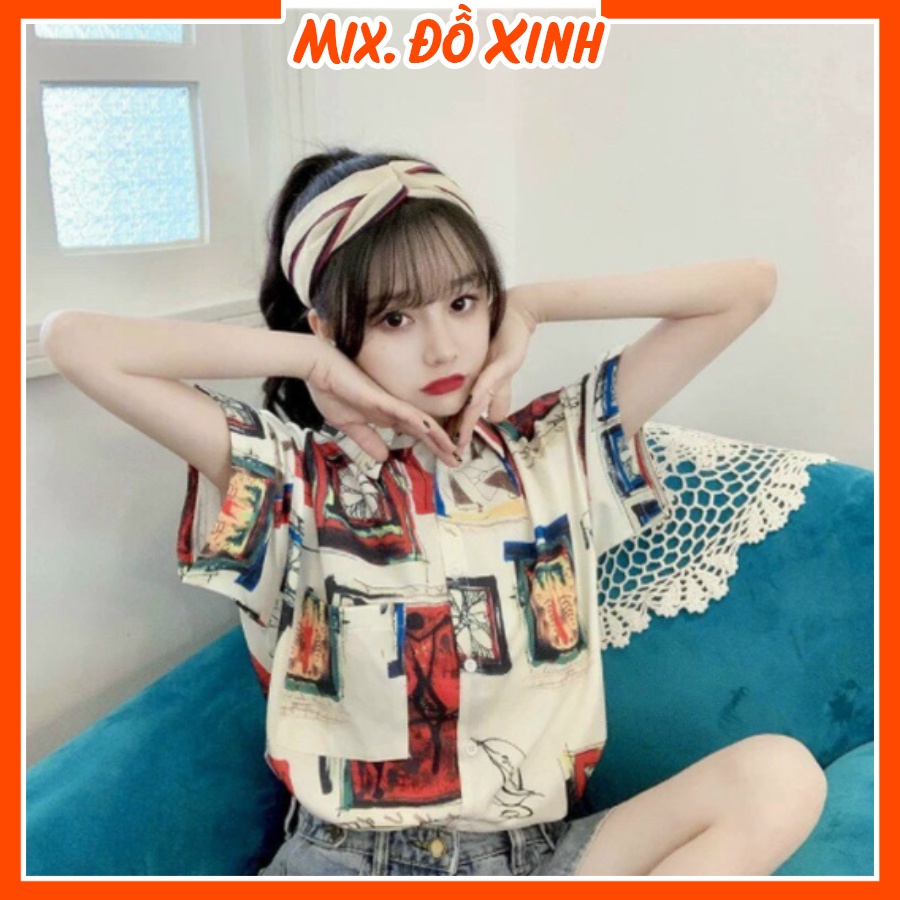 Áo sơ mi nữ form rộng tay lỡ dáng ulzzang, chất liệu Đũi trơn mịn mát, in hình Ô Tranh Mix. Đồ Xinh