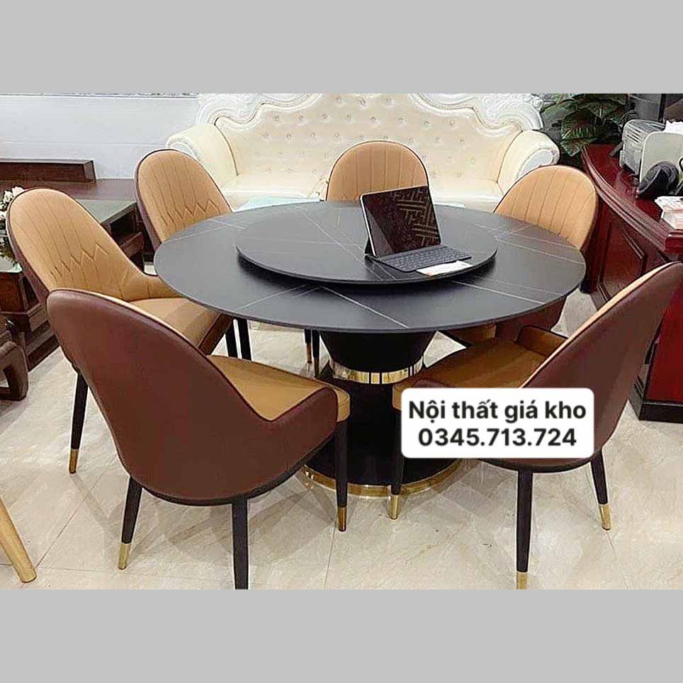 Bàn ăn tròn xoay mặt đá phiến ceramic nhám - bàn ăn tròn mâm xoay 2 mặt đá kết hợp ghế Monet ngồi được 6 ghế 8 ghế