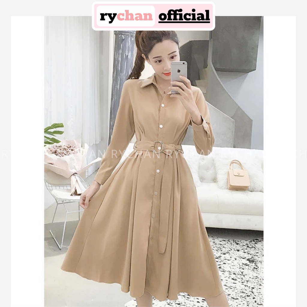 Đầm Xòe Midi Sơ Mi Kem Kèm Belt Tay Dài - DX519