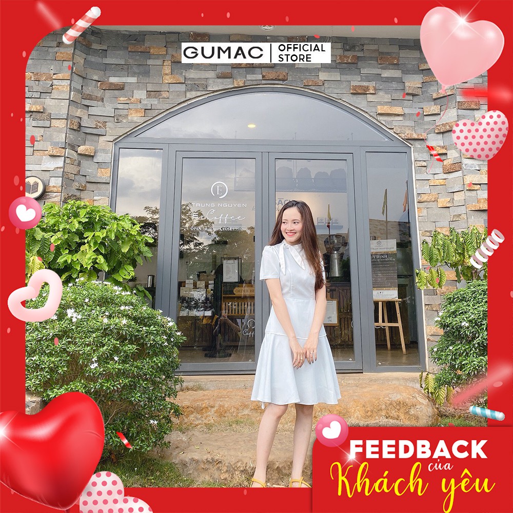 [Mã MABR07062 giảm 8% tối đa 50K đơn từ 249K] Đầm công sở nữ dáng xòe cột nơ GUMAC tay ngắn màu xanh nữ tính DB568 | BigBuy360 - bigbuy360.vn