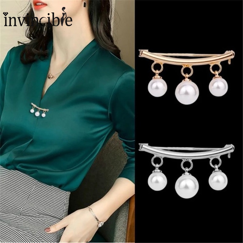 Retro Gold Silver Color One-line Geometry Artificial Pearl Brooch/ Female Elegant Lapel Alloy Pin Jewelry Accessories
