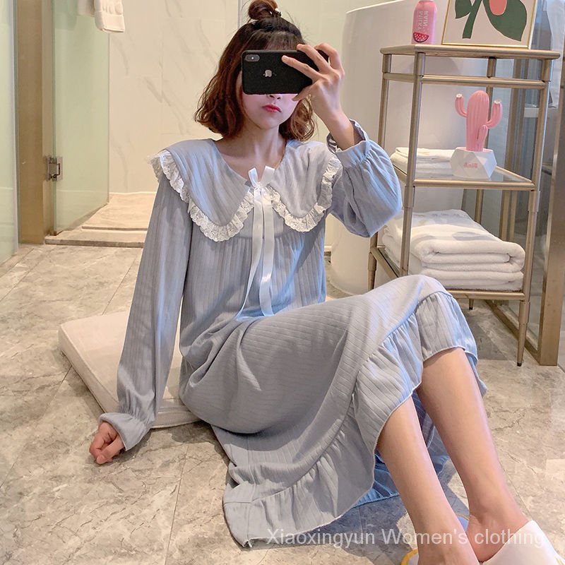 【mage188.vn】Đầm ngủ tay dài dáng rộng thiết kế thắt nơ thời trang dễ thương cho nữ