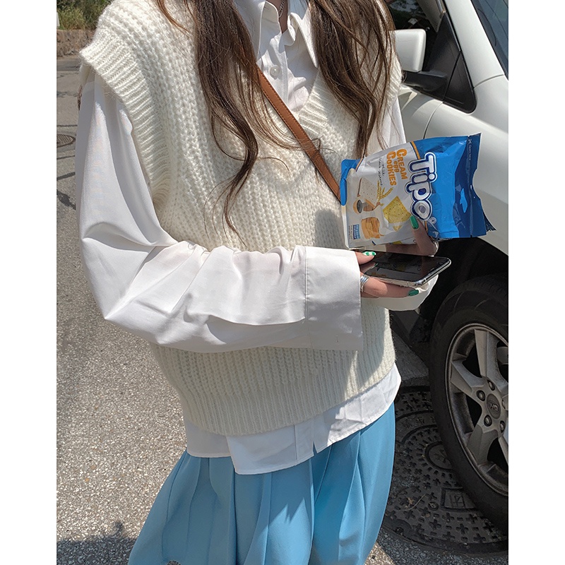 Áo Sweater không tay cổ chữ v dáng rộng màu sắc đơn giản trẻ trung 3 màu lựa chọn | BigBuy360 - bigbuy360.vn