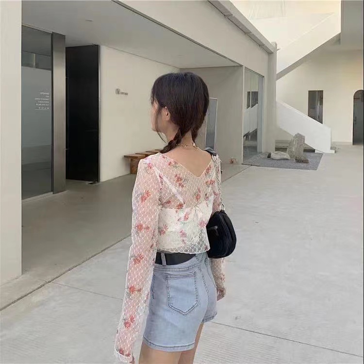 Áo Thun Lưới Tay Dài + Áo Hai Dây Phối Ren Hoa Phong Cách Hàn Quốc Dành Cho Bé Gái