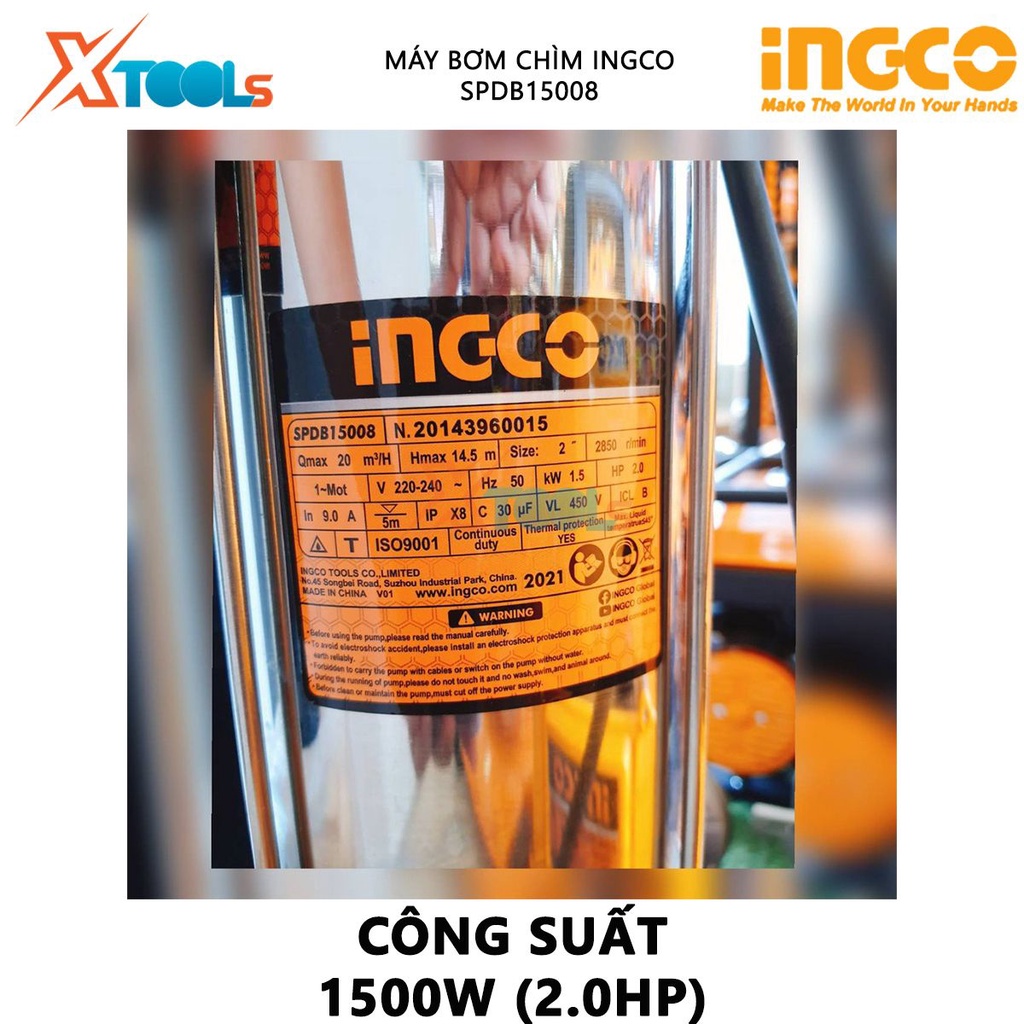 Máy bơm chìm nước thải INGCO SPDB15008 | máy bơm chìm 1500W(2.0HP), chiều cao bơm 14.5m, tốc độ dòng chảy 20m3/h, motor