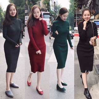 Đầm Thun Gân Dày Cổ Lọ Siêu Hot Cam Ket Dài Qua Gối