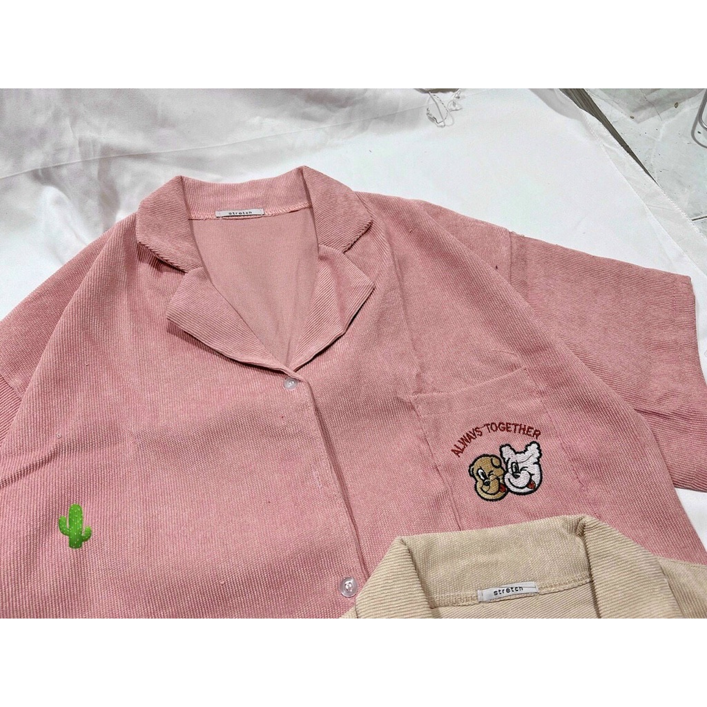 ÁO SƠ MI NỮ TAY NGẮN DÁNG CROPTOP CHẤT NHUNG GÂN SIÊU DÀY DẶN, DỄ THƯƠNG XINH XẮN