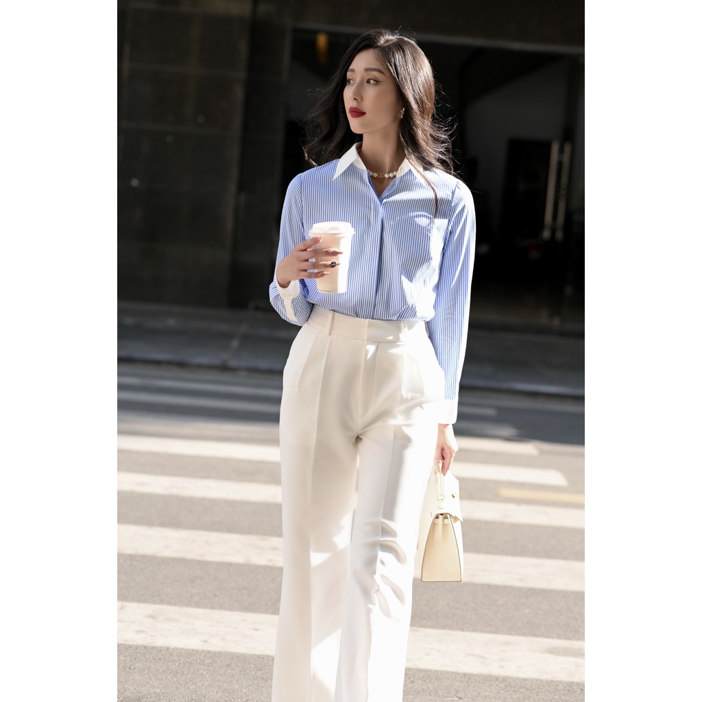 Áo sơ mi kẻ xanh và quần suông xếp li trắng HUONG BOUTIQUE BSSM08