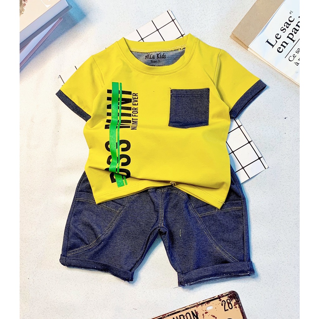 Set Đồ bộ bé trai Áo thun ngắn tay cotton 100% co giản 4 chiều phối túi giả jean Quần thun cotton giả jean từ 8-37kg