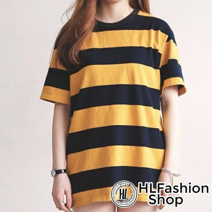 Áo thun tay lỡ form rộng sọc vàng đen, áo phông nam nữ size HLFashion  ྇