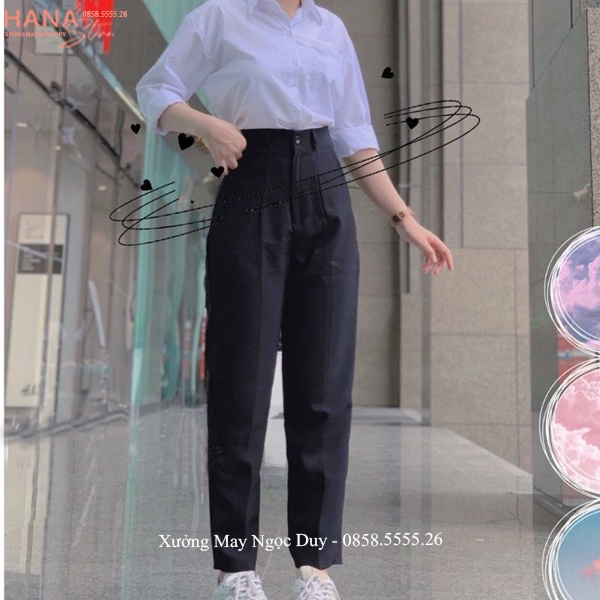 Quần tây nữ đi học lưng cao cạp có đỉa ống đứng suông màu Xanh Đen dáng quần vải baggy học sinh nữ đi học dài đáy cao