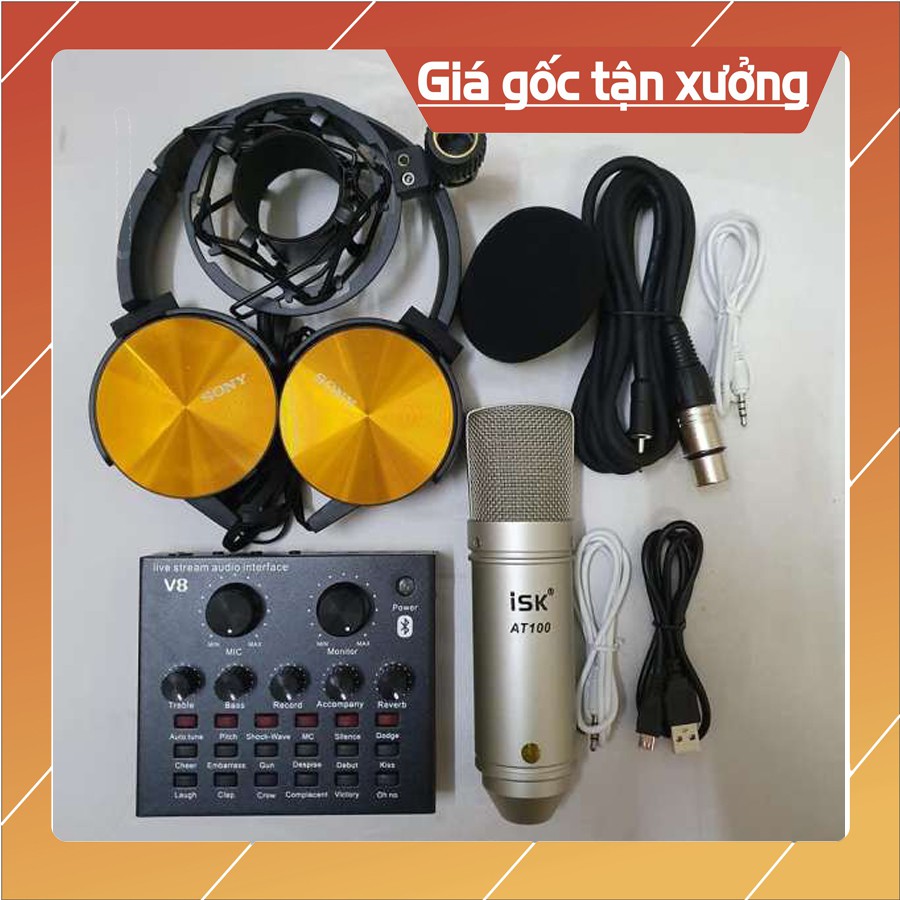 combo livestream SOUND CARD V8 autotune micro ISK AT100 Tặng tai nghe chụp thu âm siêu hay