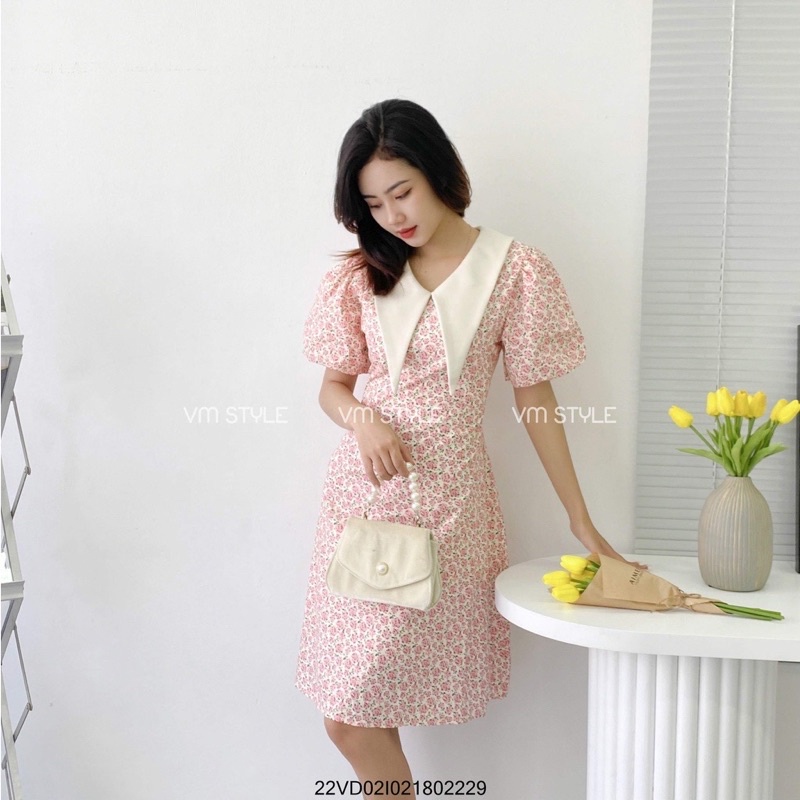 Váy hoa nhí tay bồng cổ nhọn siêu xinh