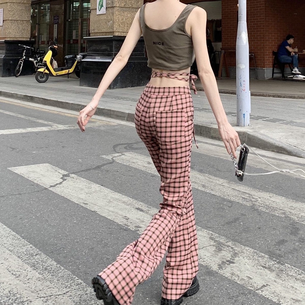 Quần Dài Ống Loe Lưng Cao Họa Tiết Sọc Caro Màu Hồng Thời Trang Mùa Hè Cho Nữ