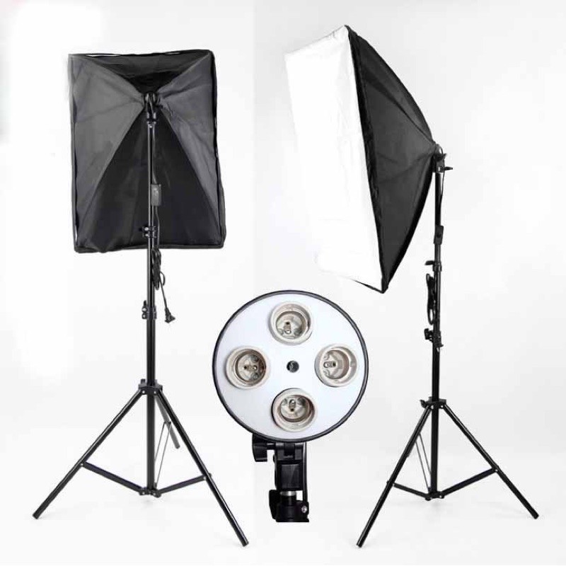 Bộ Đèn Studio, Đèn Chụp Ảnh Sản Phẩm Chân Đèn 2m Kèm Softbox 50x70 Hỗ Trợ Sáng, Đui 4 Bóng