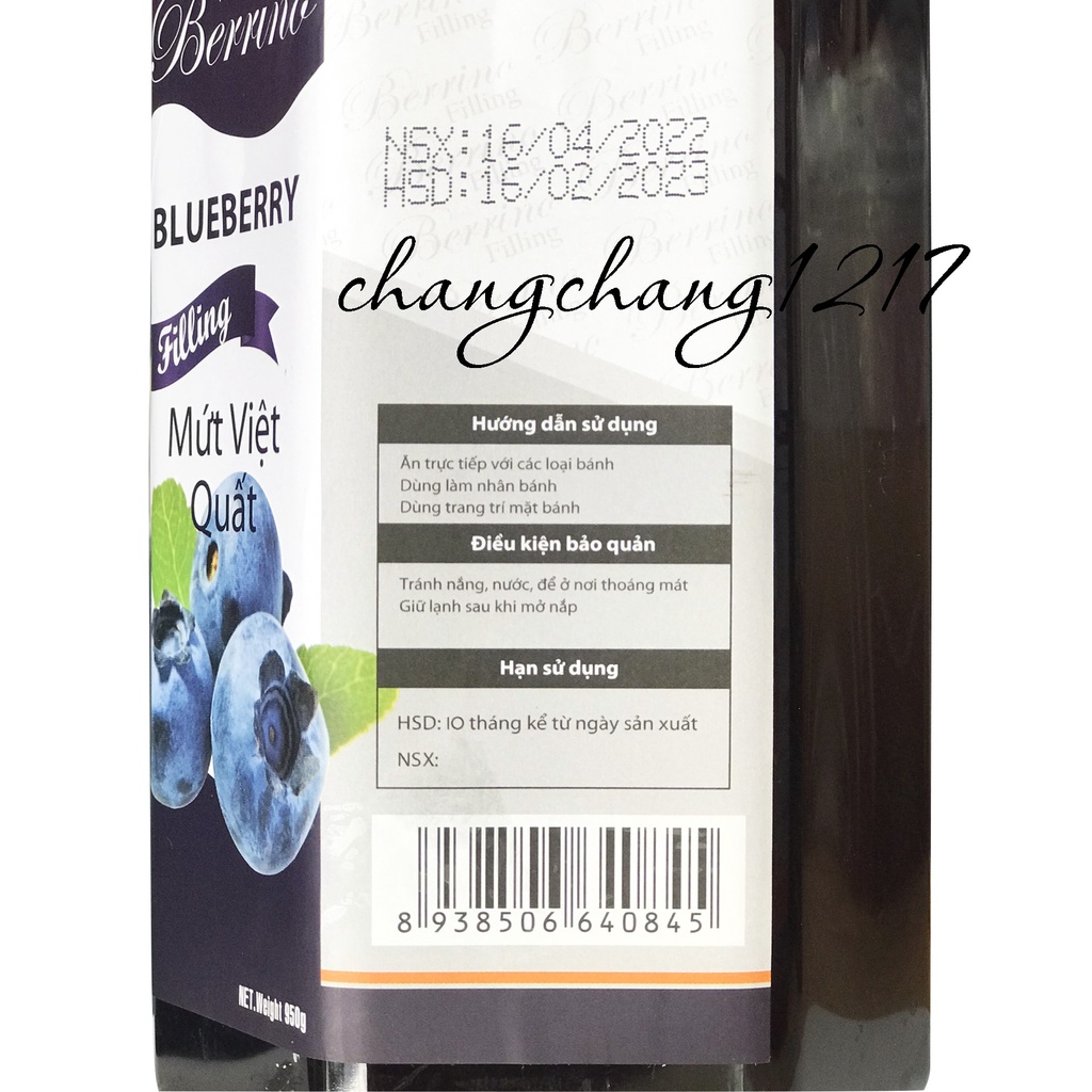 Mứt Cô Đặc Filling Berrino Berino (Việt Quất, Đào, Dâu) Hủ 950gr
