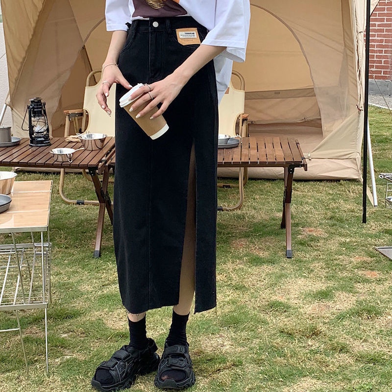 Jiashucheng Influencer Plus Size Chân Váy Denim Xẻ Tà Bên Hông Lưng Cao Vừa Nhỏ Phong Cách Mới 2021