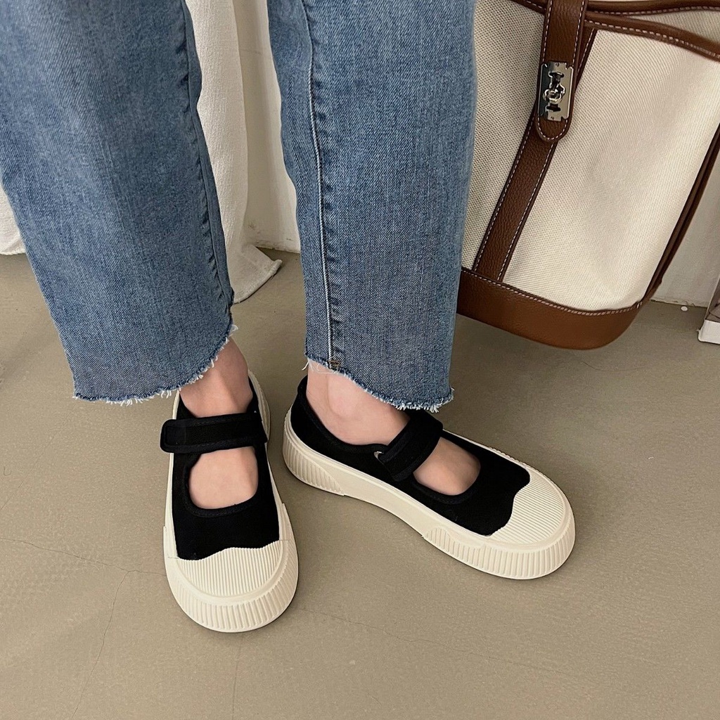 Jiashucheng Hàng Có Sẵn Giày Mary Jane Canvas Mũi Tròn Quai Dán Dày Dặn Phong Cách Hàn Quốc Dễ Phối Đồ Mùa Xuân Mới