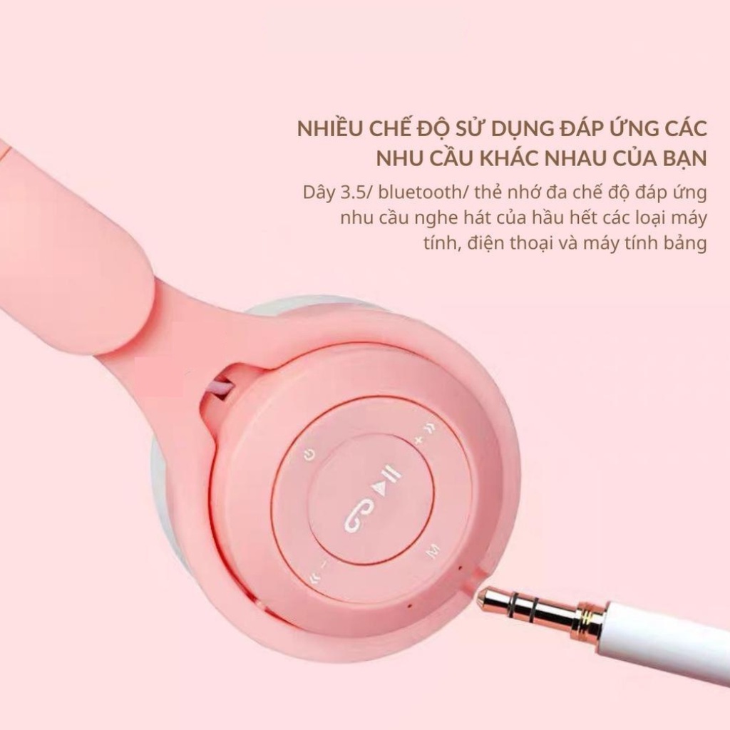 Tai nghe mèo chụp tai bluetooth không dây có mic BOMAN, Tai phone bluetooth không dây gaming có đèn led đổi màu cute