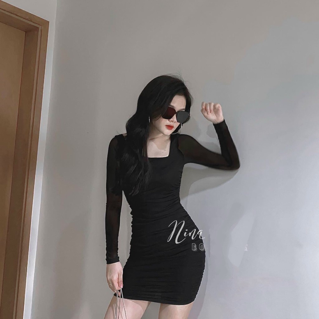 Đầm ôm body cổ vuông tay dài nhún thân chất thun co giãn [VIDEO THẬT] | BigBuy360 - bigbuy360.vn