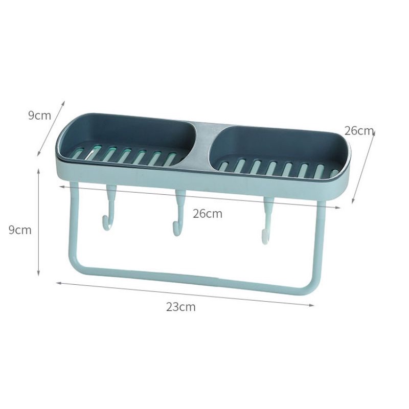 Kệ Để Xà Phòng 2 Ngăn Kèm 3 Móc Và Thanh Treo Khăn Dán Tường,,,